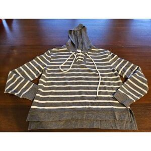 Cabi Women's‎ S Gray White Striped Lace Up Windward Hoodie Nautical Rope Tie